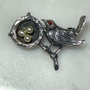 Vintage small sterling silver bird with nest pin